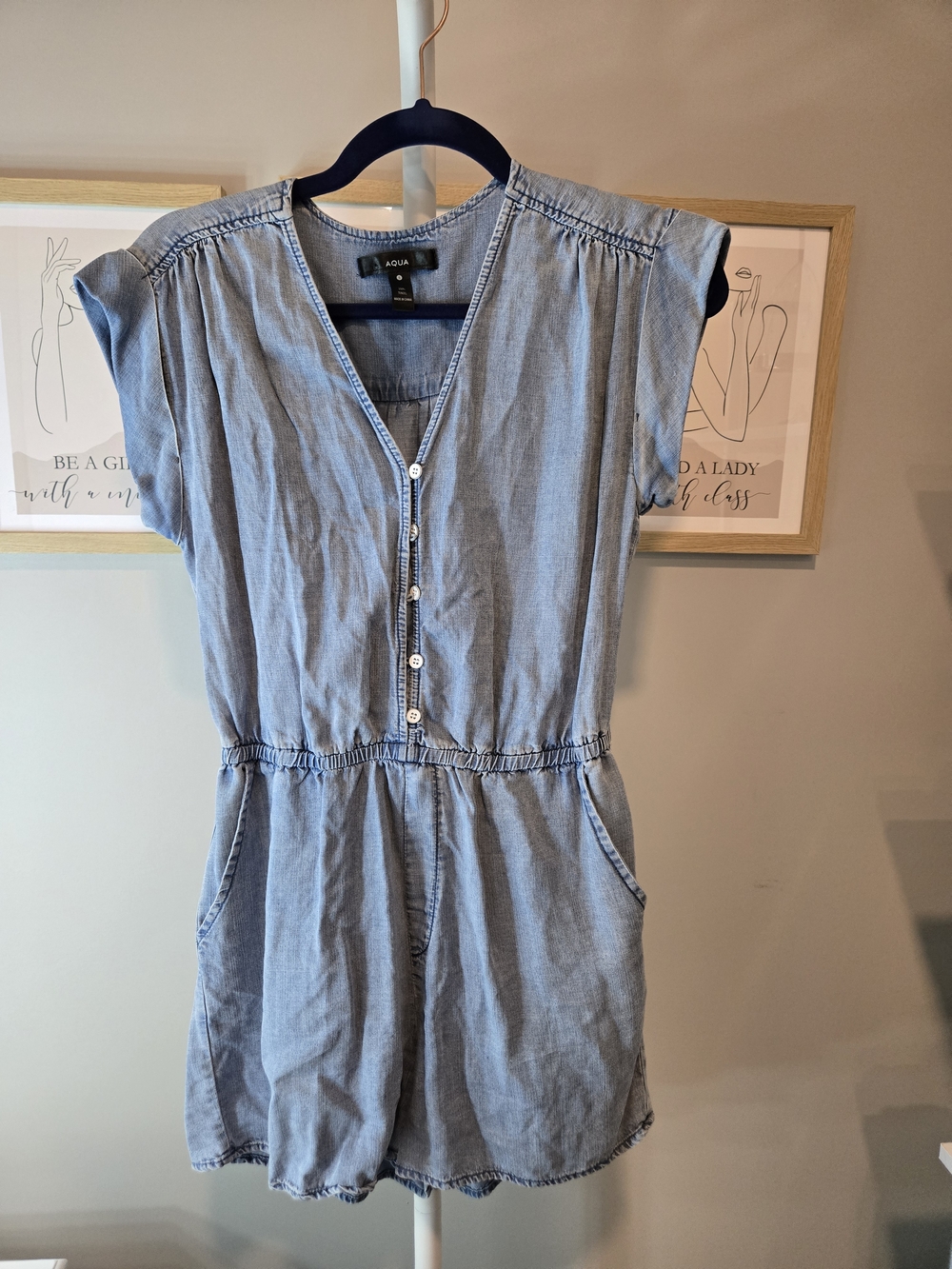 Aqua 100% Tencel Chambray Button-Front Romper in Light Blue